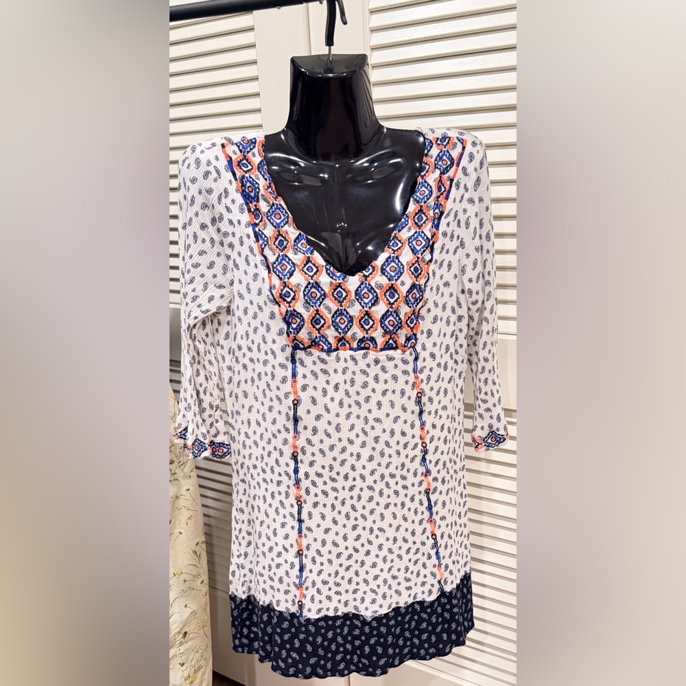 Women's Patterned Midi Dress- White and Blue